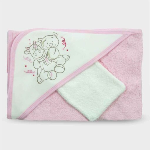 πετσέτα μπουρνούζι για νεογέννητο ροζ με τρίγωνο για το κεφαλάκι και ζωάκια