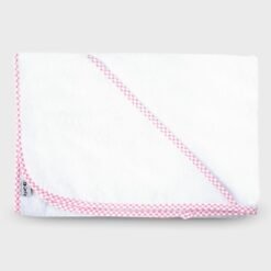 μπουρνουζάκι νεογέννητου τετράγωνο με τρίγωνο για το κεφαλάκι βαμβακερή πετσέτα λευκό με ροζ καρό ρέλι