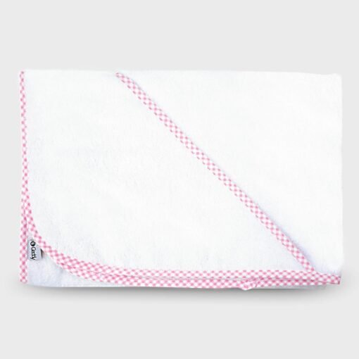 μπουρνουζάκι νεογέννητου τετράγωνο με τρίγωνο για το κεφαλάκι βαμβακερή πετσέτα λευκό με ροζ καρό ρέλι